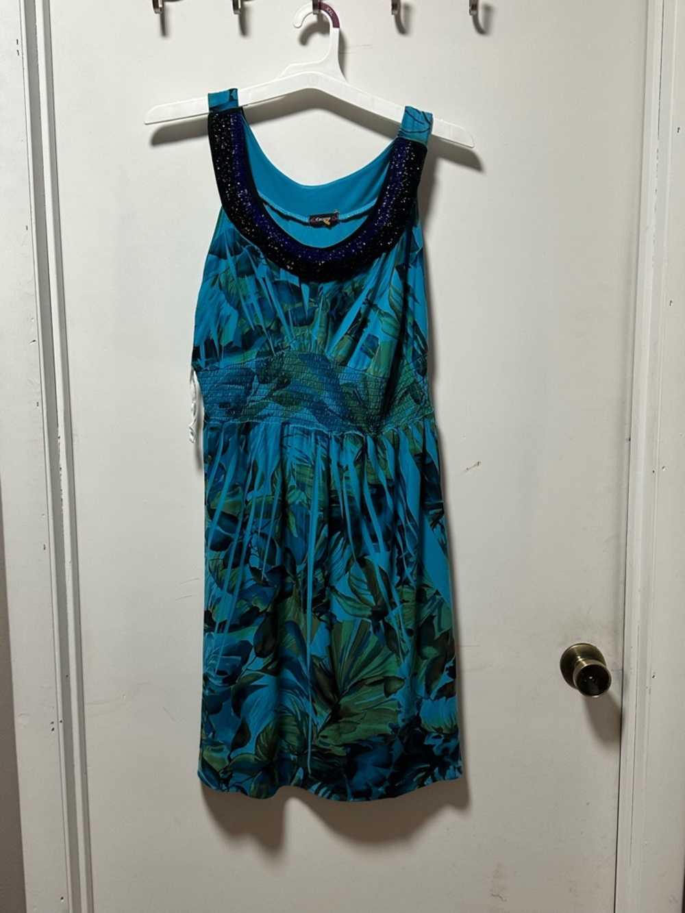 Sleeveless Turquoise Floral Sundress with Beaded Neckline